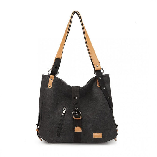 Kono Casual Canvas Dual-Use Bag Large Capacity Shoulder Bag and Backpack - Black