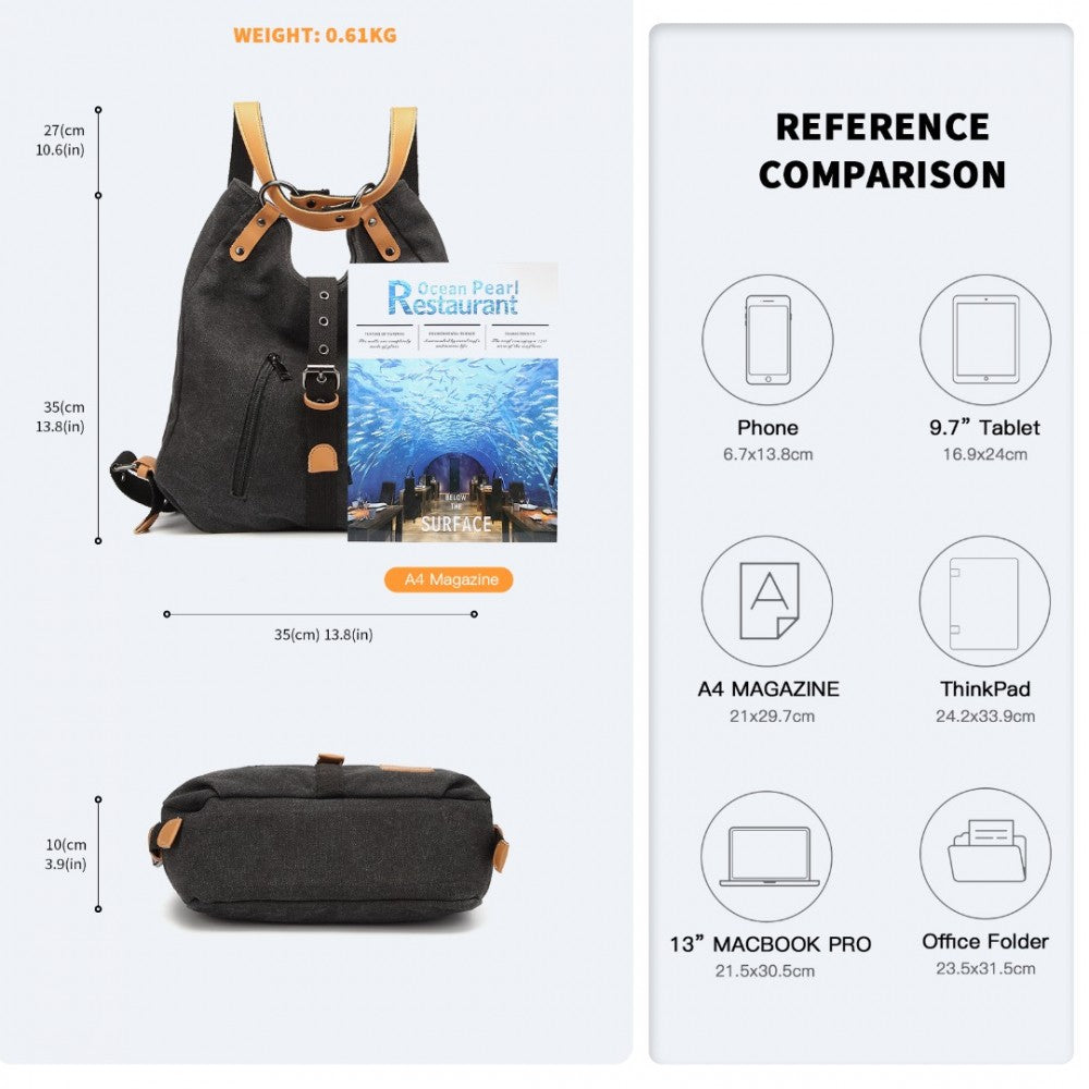 Kono Casual Canvas Dual-Use Bag Large Capacity Shoulder Bag and Backpack - Black