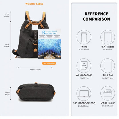 Kono Casual Canvas Dual-Use Bag Large Capacity Shoulder Bag and Backpack - Black